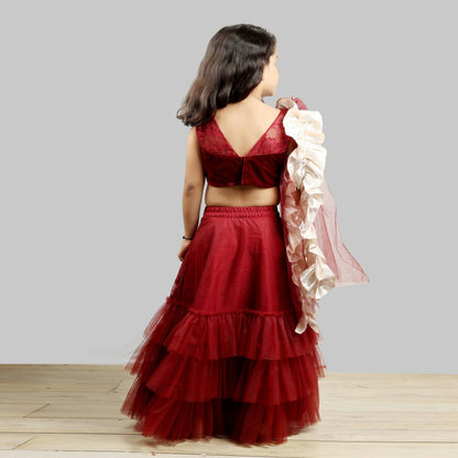 Pink Cow Fashions Velvet Choli With Net Ghagra & Frill Dupatta