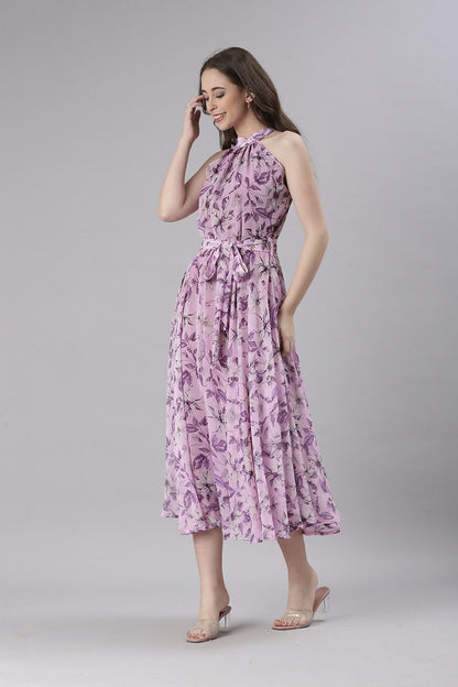 Souchii Lavender Floral Chiffon Dress -Souchii