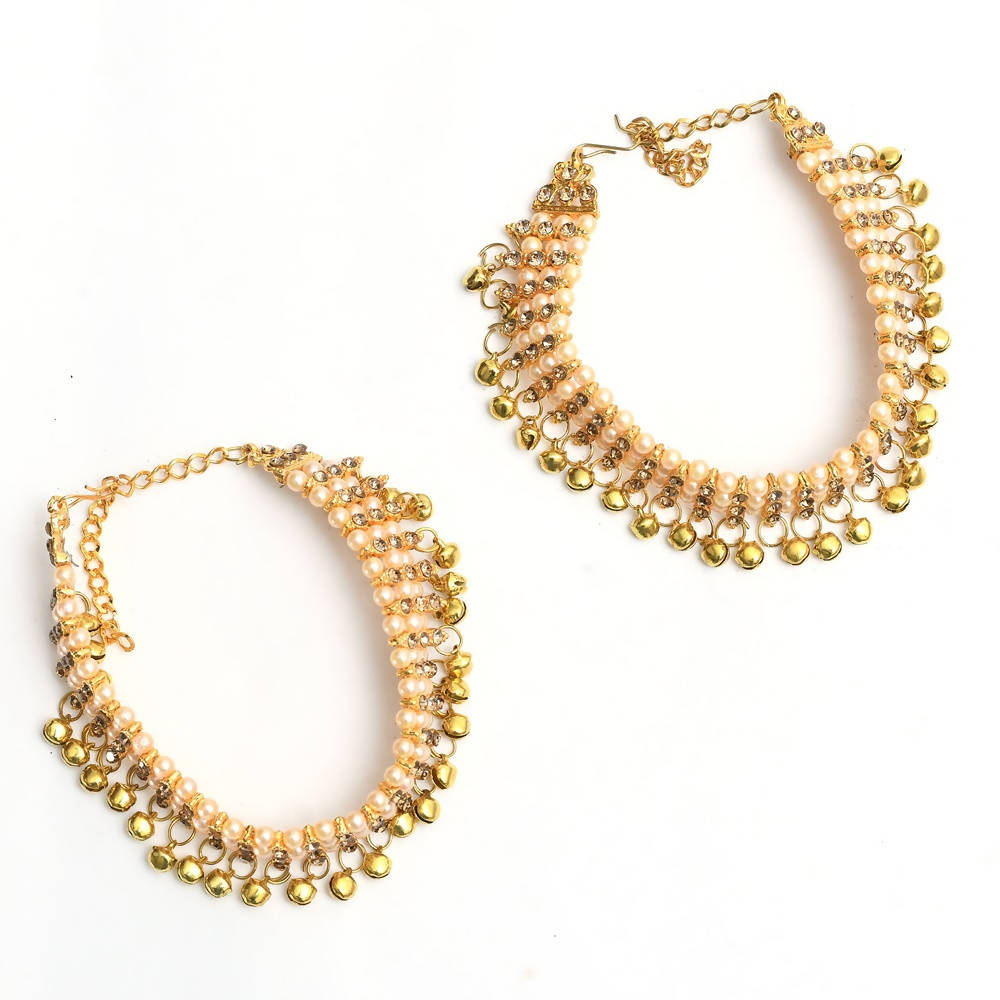 Mominos Fashion Kamal Johar Gold-Polished Pearls Anklets With Muvvas