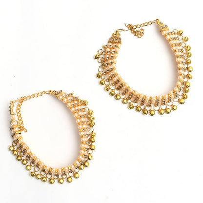 Mominos Fashion Kamal Johar Gold-Polished Pearls Anklets With Muvvas