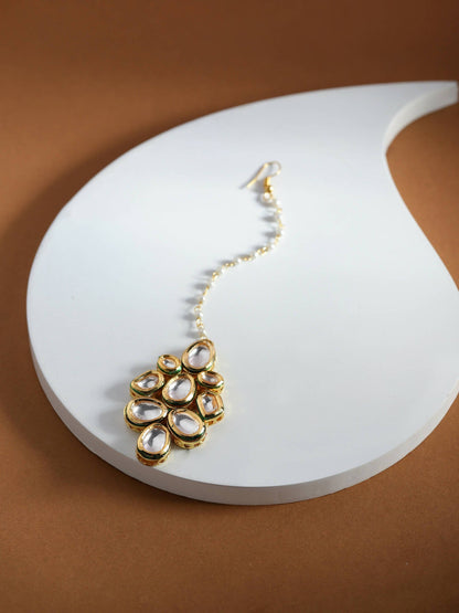 White Gold-Polished Kundan Studded Beaded Maang Tikka - Ruby Raang