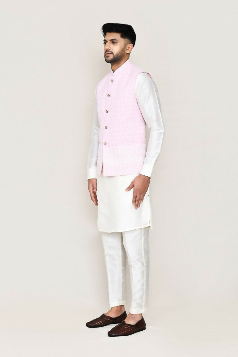 Joban Fashion White Colored Art Silk Fabric Kurta, Jacket With Straight Fit Pant