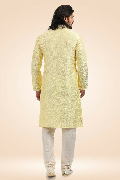 Raivat Ethnic Jacquard Banarasi Silk Pintux Work Kurta Pajama In Lemon Colour