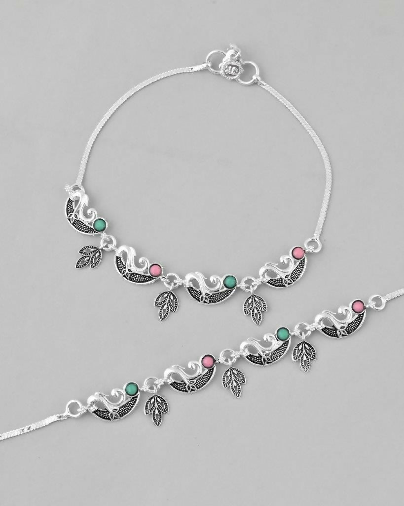 VOJ Set of 2 Silver Plated Multi Color Meenakari Anklet