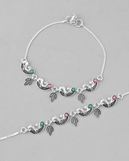 VOJ Set of 2 Silver Plated Multi Color Meenakari Anklet