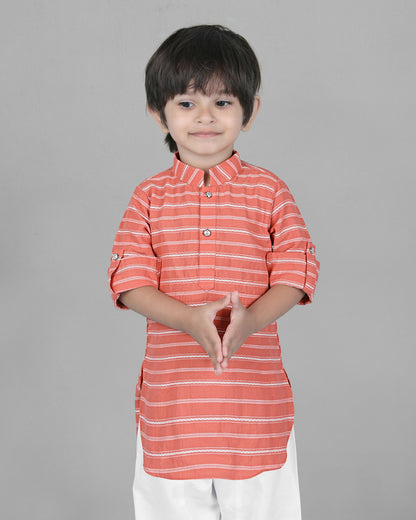 Joban Fashion Kids Island Cotton Full Sleeves Striped Kurta and Pyjama- Peach