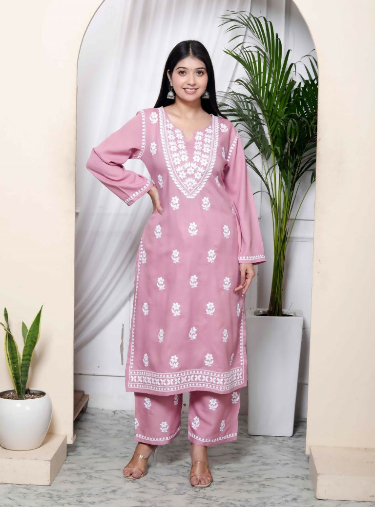 Miravan Women's Chikankari Embroidery Pink Straight Kurta & Palazzo Set