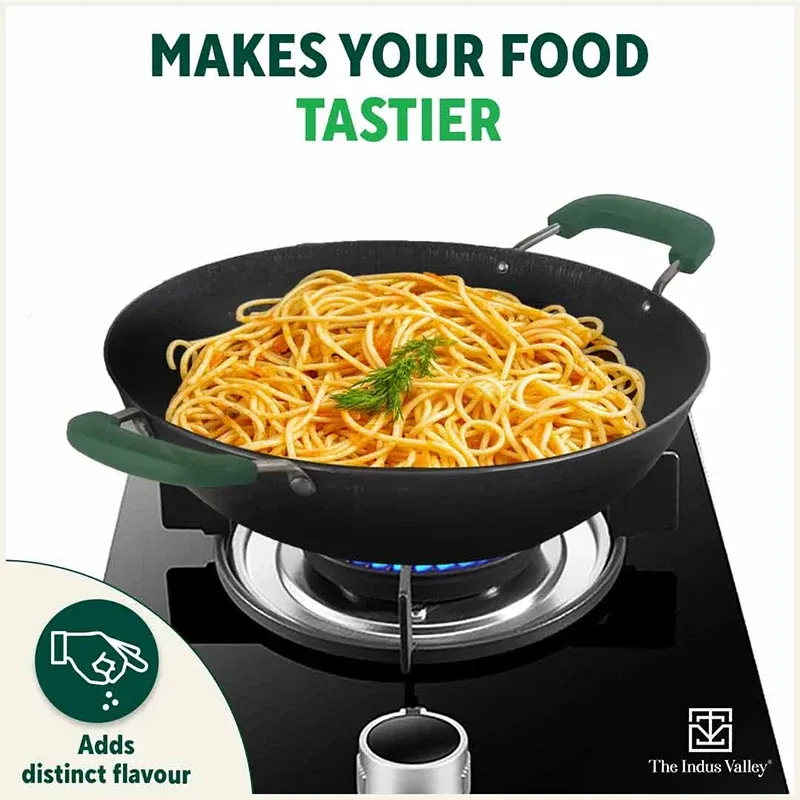 The Indus Valley 100% Pure Sheet Iron Kadai with Silicon Handle Pre-Seasoned