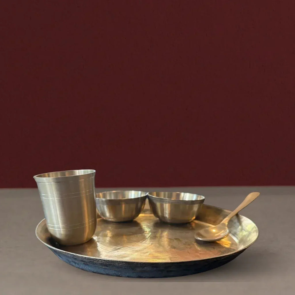 Zishta Kansa Bronze Dinner Set Thali Plate 2 Katori Tumbler Spoon 5 Piece