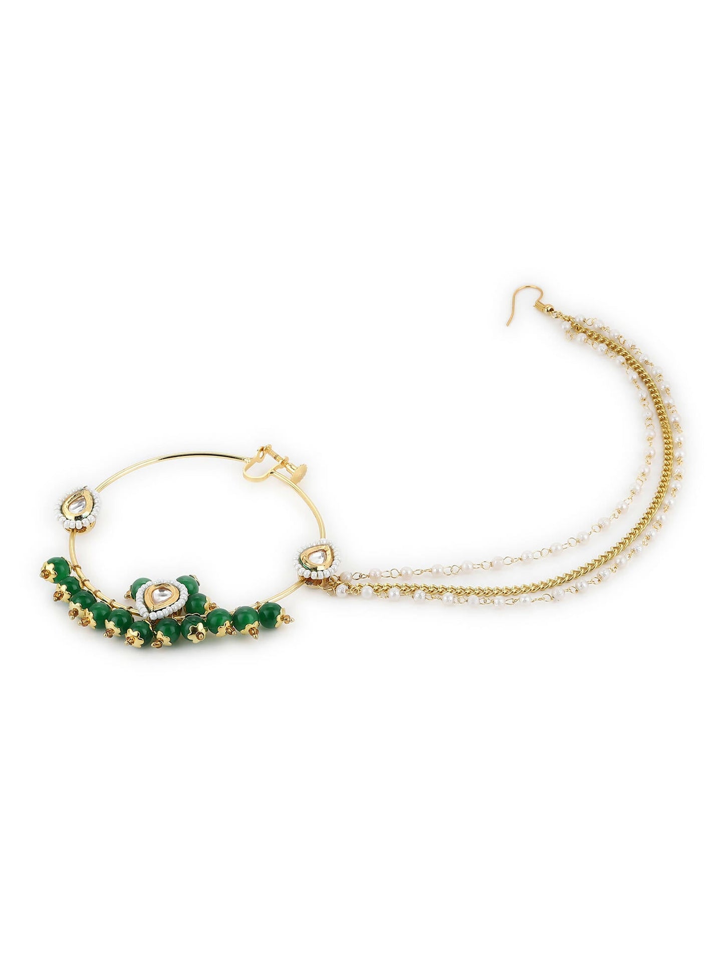 Gold-Polished White Green Kundan-Studded Pearl Beaded Nosepin - Ruby Raang