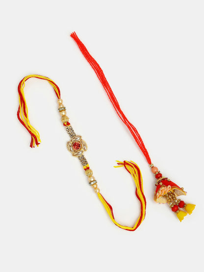 NVR Women & Men Set of 2 Red & Gold-Toned Stone-Studded Bhaiya Bhabhi Rakhi With Roli Chawal & Chocolate
