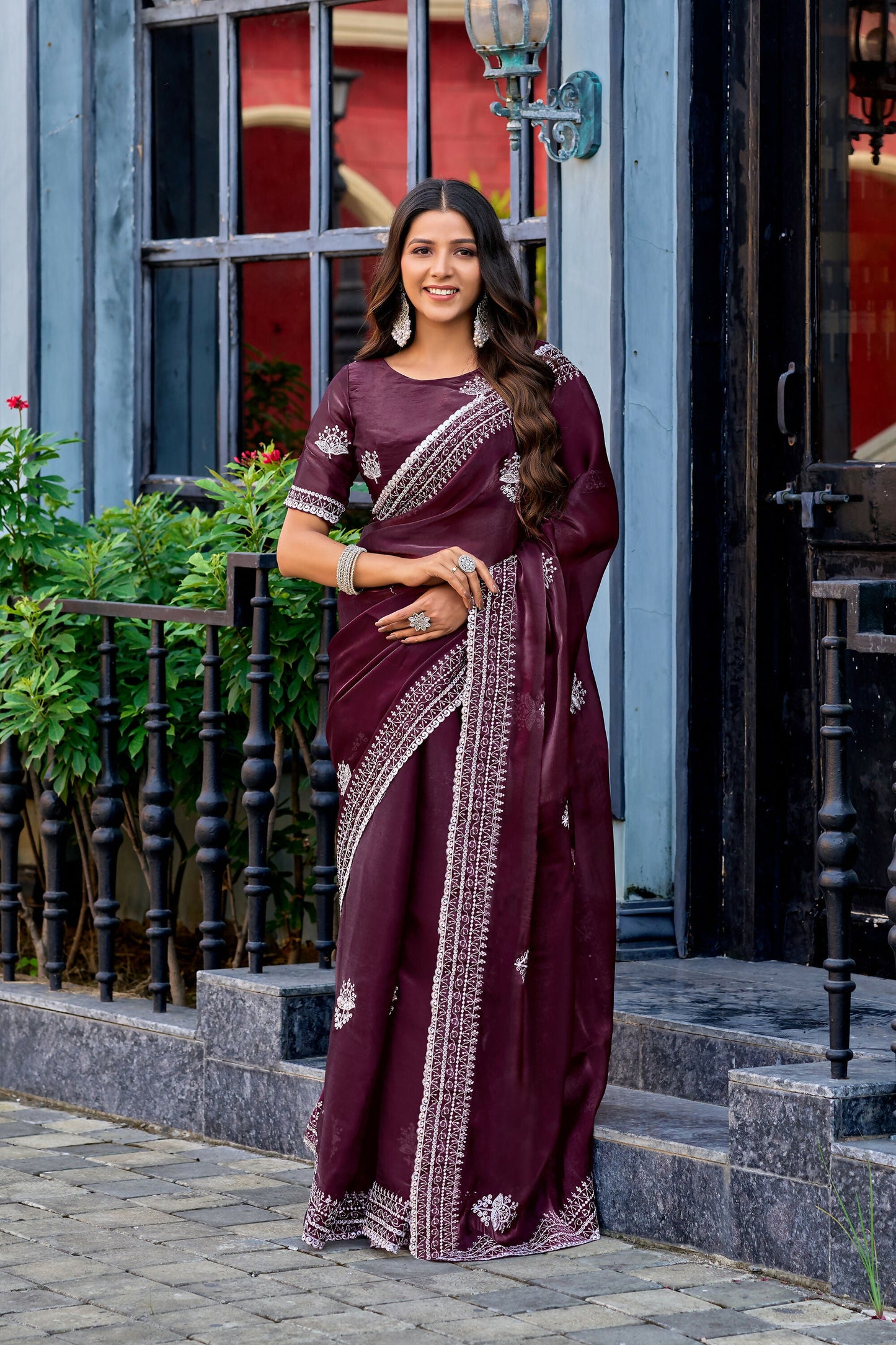Vastranavya Wine Embroidery Work Shimmer Chiffon Saree with Unstitched Blouse