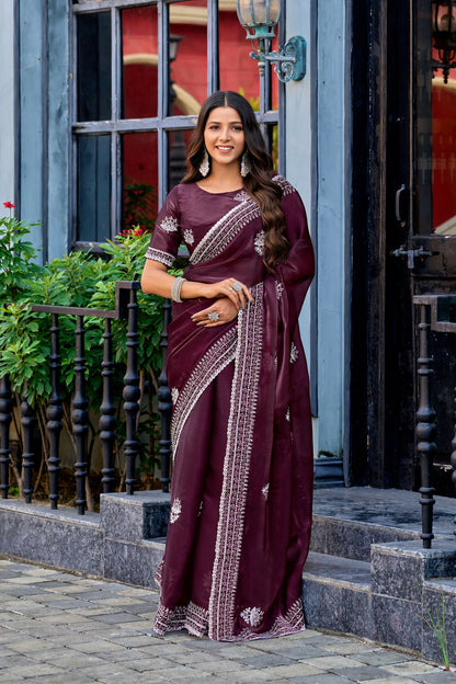 Vastranavya Wine Embroidery Work Shimmer Chiffon Saree with Unstitched Blouse