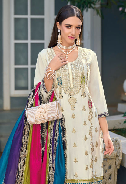 Anaita White Premium Embroidered Chinon Stitched Salwar Suit
