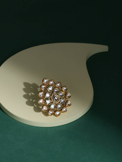 Gold-Polished White Kundan-Studded Adjustable Finger Ring - Ruby Raang