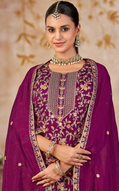 Anaita Purple Vichitra Silk Readymade Palazzo Suit with Embroidery & Lace Work