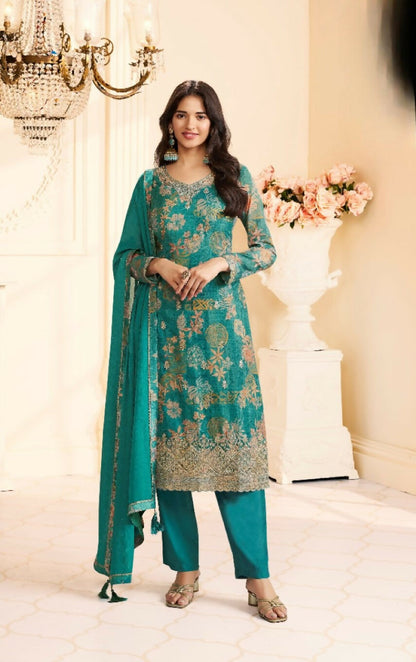 Anaita Teal Green Chinon Stitched Suit with Multi Digital Print