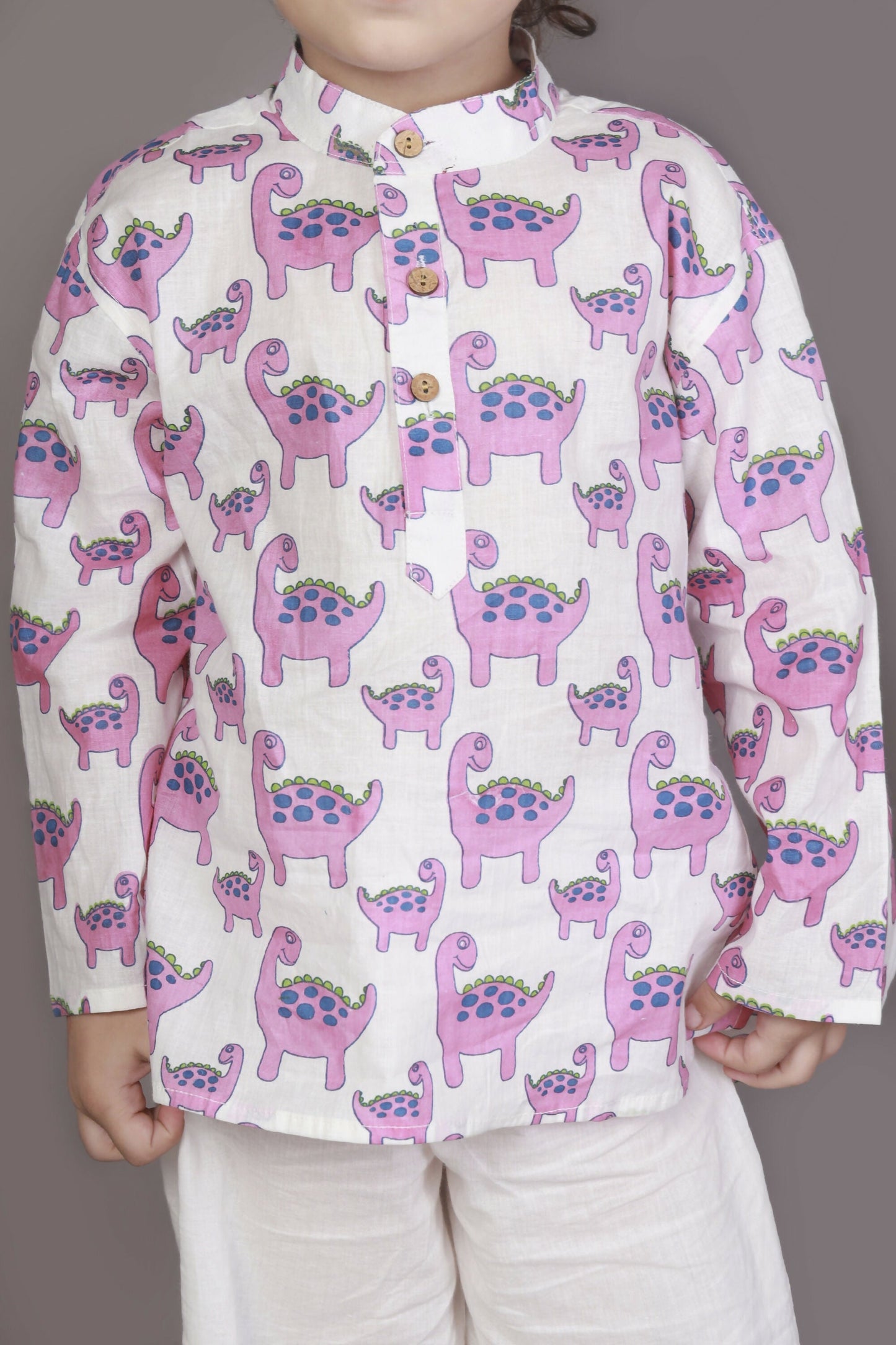 Breathables Kids Boys & Girls Cotton Night Suit – Purple Dinosaur Print Kurta & Pyjama Co-Ord Set