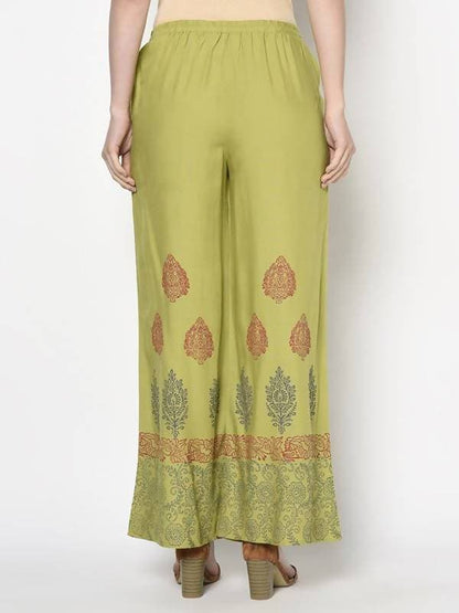 Aniyah Rayon Parrot Green Color Block Print Flared Slip-On Palazzo (AN-196K)