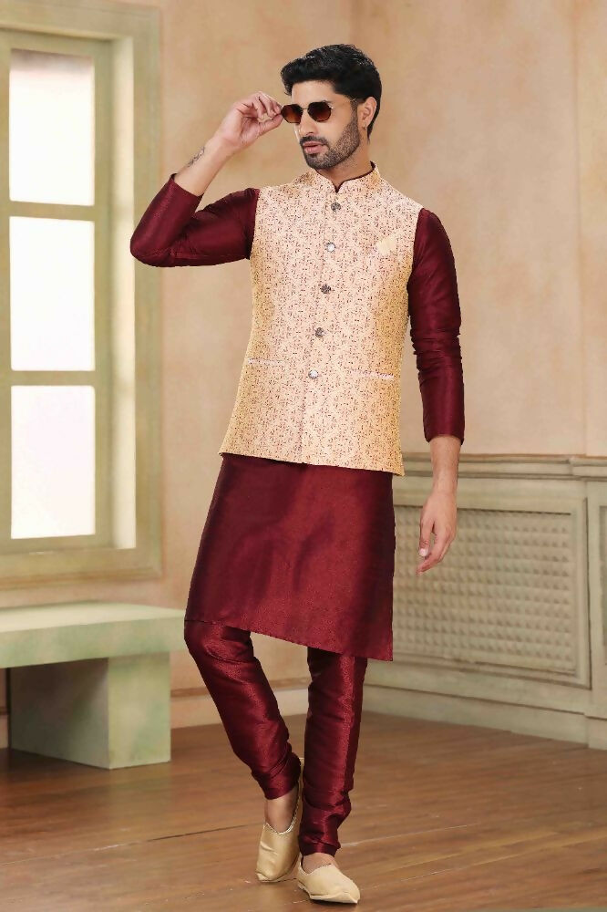 Raivat Ethnic Jacquard Banarasi Silk Woven Work 3 Pics Jacket Set In Beige Maroon Colour