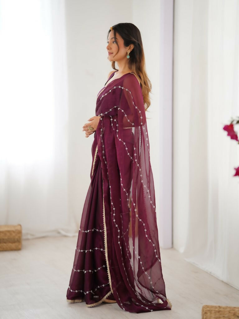 Wine Sitara Chiffon Designer Beads Moti,Val Sequence Work Saree - Noorie