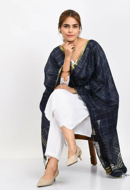 Mominos Fashion Moeza Women's Cotton Zari Box Navy Blue Dupatta