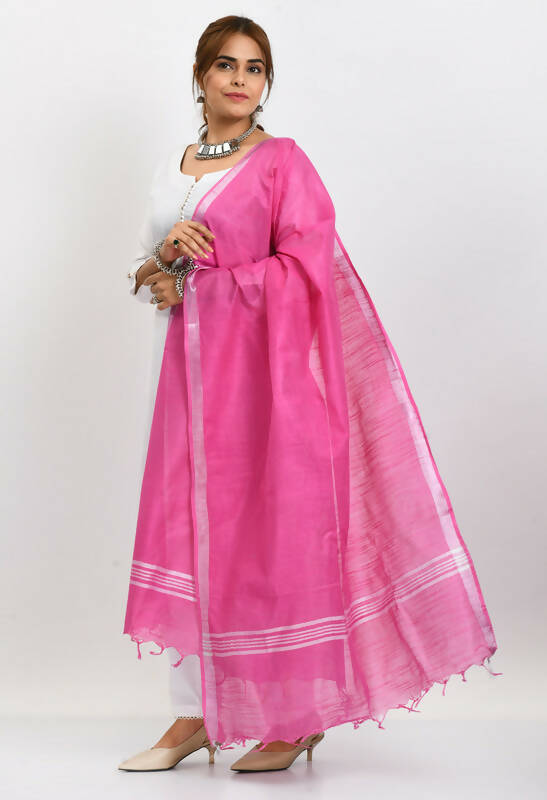 Mominos Fashion Moeza Women's Linen Cotton Silver Border Dark Pink Dupatta