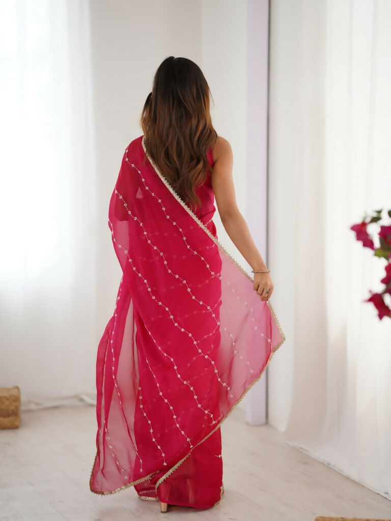 Pink Sitara Chiffon Designer Beads Moti,Val Sequence Work Saree - Noorie