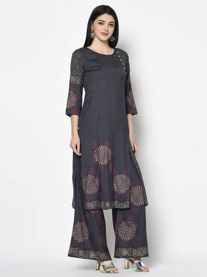 Aniyah Rayon Dark Grey Color Block Print Straight Kurta Palazzo Set (AN-202K)