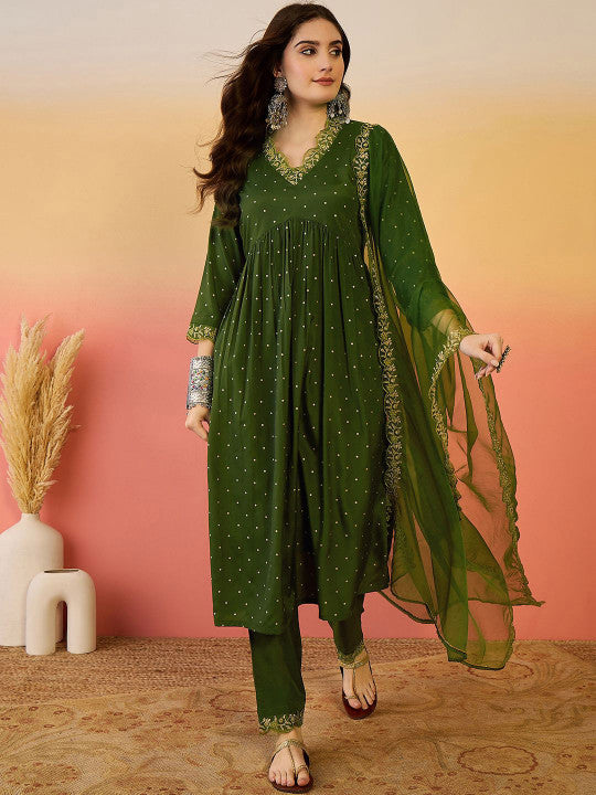 Sangria Floral Zari Work V-Neck Empire A-Line Kurta With Trousers And Dupatta