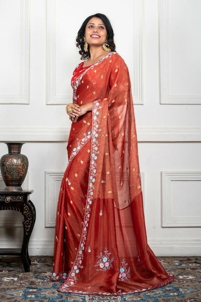 Morchari Rust Red Pure Chiffon Hand Embroidery Saree And Stitched Blouse