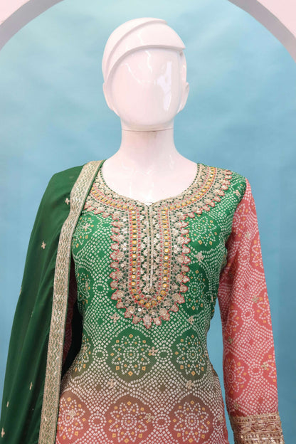 Anaita Peach Digital print with Embroidered Silk Stitched Plazo Suit