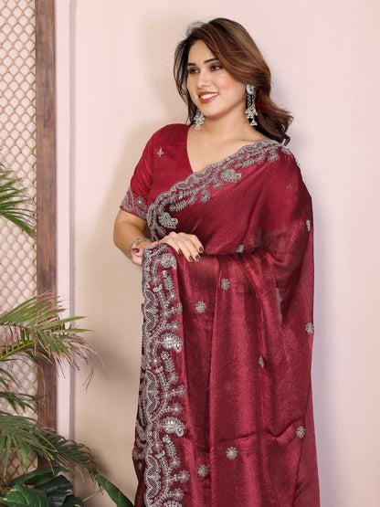 Teeya Creation New Womens Latest Party Wear Soft Chiffon Silk Saree-Red