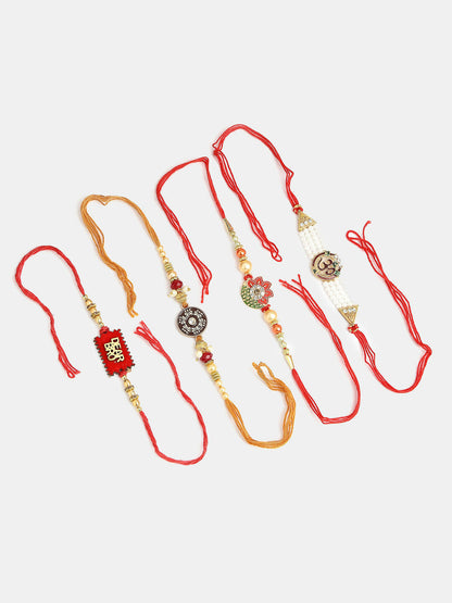 NVR Men Set of 4 Gold-Toned Stone-Studded & Beaded Rakhi With Roli Chawal