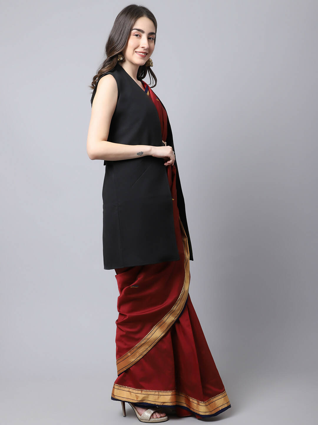 Even Apparels Black Polywool Open Front Women's Long Coat