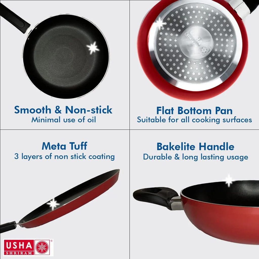 USHA SHRIRAM Non-Stick Set Tawa + Kadai + Frying Pan with Lid 1pc Multipurpose Red
