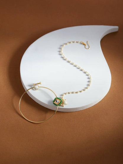 Gold-Polished Green White Kundan Studded Beaded Chained Nosepin - Ruby Raang