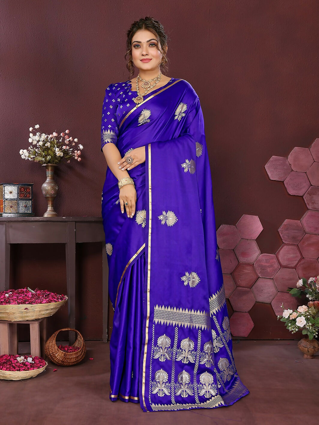 Joban Fashion Royal Blue Floral Motifs Banarasi Silk Sarees