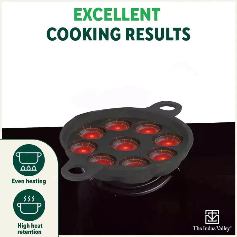 The Indus Valley Cast Iron Paniyaram Pan Pre-Seasoned 9 Pit + Glass Lid 21 cm