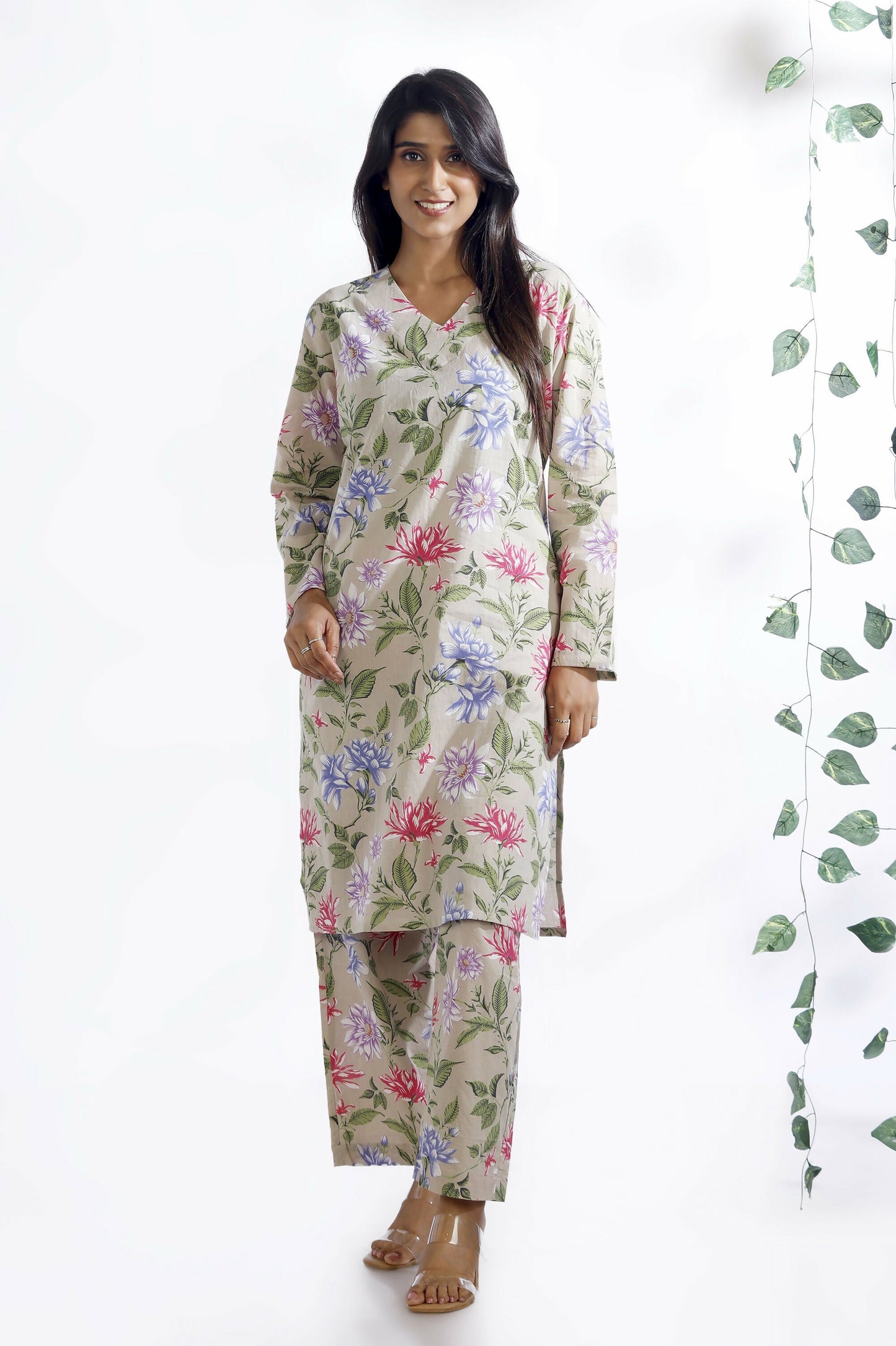 Breathables Women’S Loungewear Long Kurta Co-Ord Set Cotton Cream Floral Print