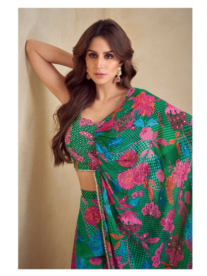 Anaita Dark Green Real Chinon Stitched Suit with Printed & Embroidery hand work