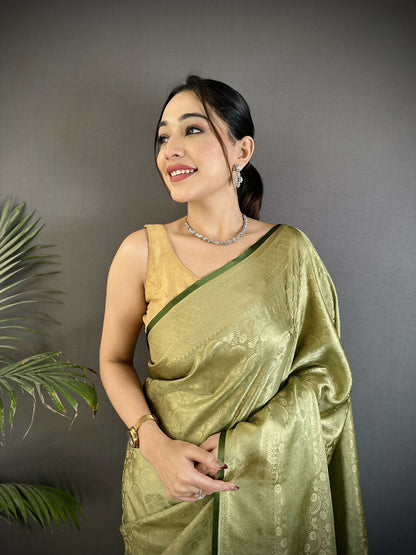 Joban Fashion Olive Green Floral & Paisley Motifs Soft Satin Silk Banarasi Saree