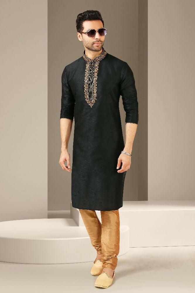 Raivat Ethnic Banarasi Art Silk Thread Work Kurta Pajama In Black Colour