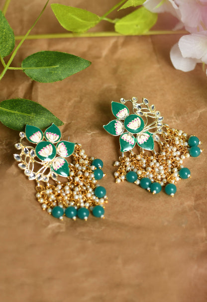 Mominos Fashion Johar Kamal Gold-Polished Kundan Green Meenakari Earrings