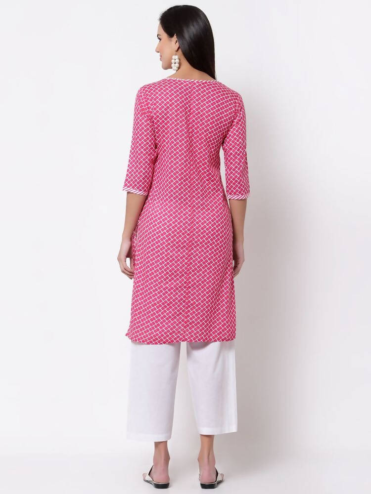 Myshka Women's Pink Cotton 3/4 Sleeve Round Neck Printed Casual Kurta