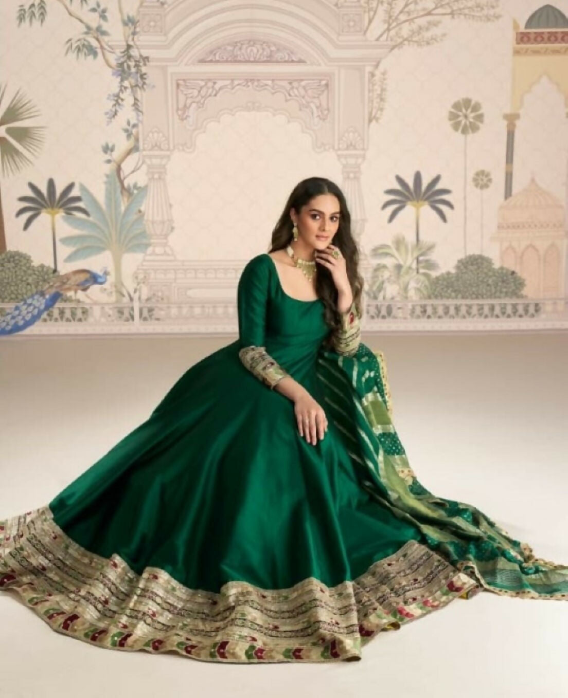 Anaita Dark Green Vichitra Silk Anarkali Suit with Embroidery Sequins