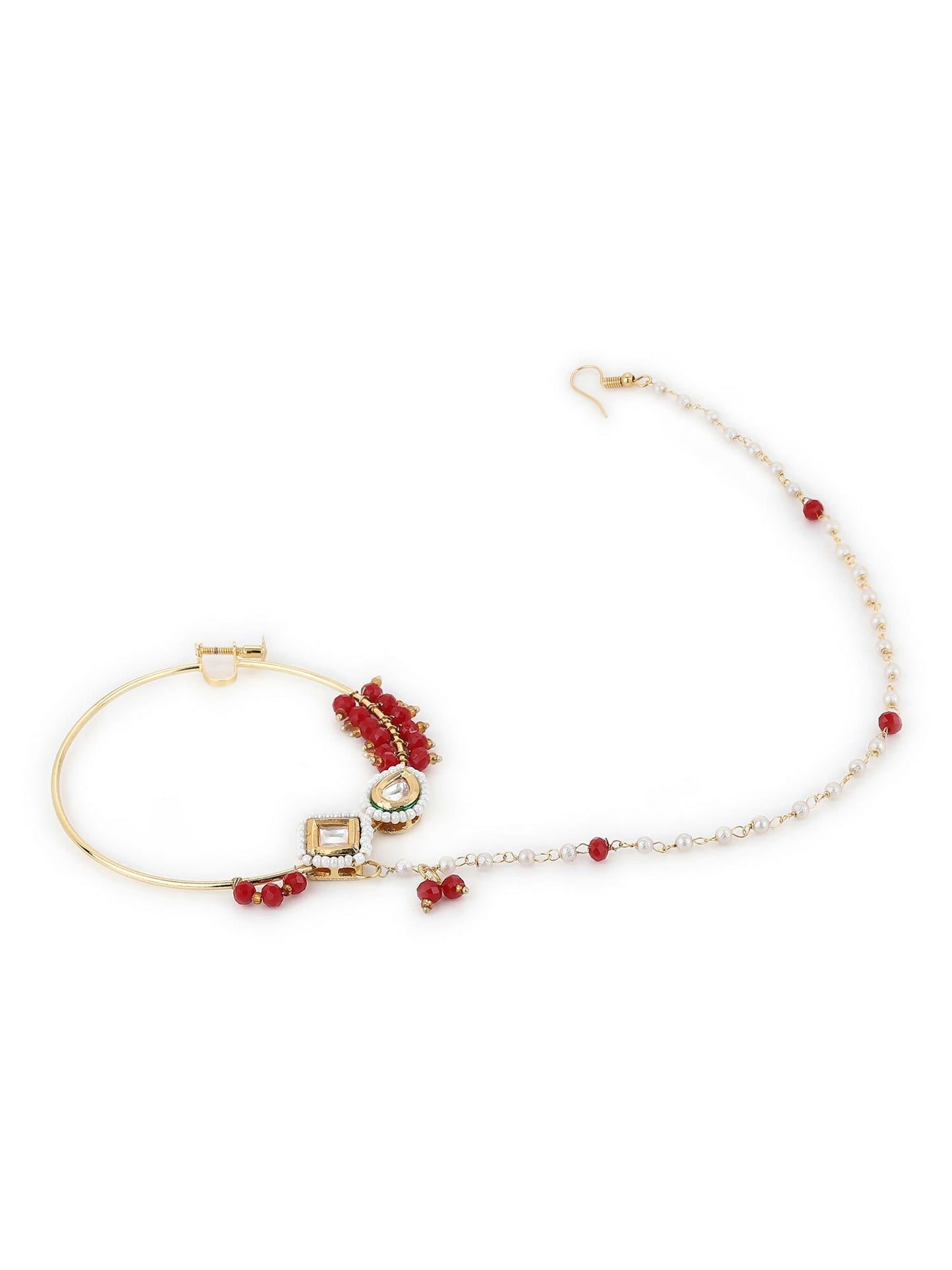 Gold-Polished White Red Stone-Studded Pearl Beaded Nosepin - Ruby Raang