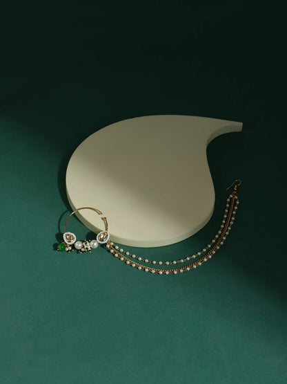 Gold-Polished White Green Kundan-Studded Pearl Beaded Nosepin - Ruby Raang