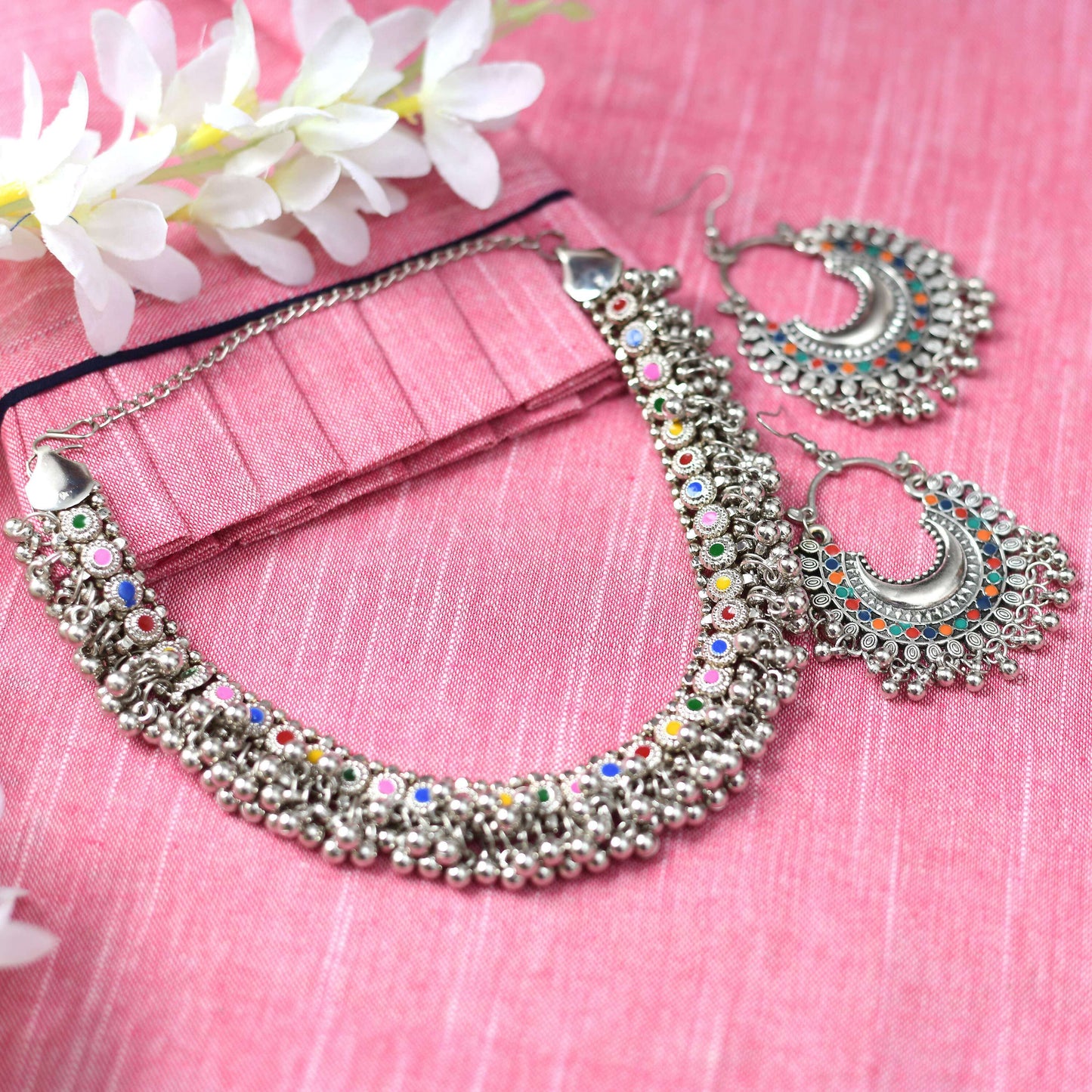Mominos Fashion Johar Kamal Oxidised Silver-Plated Meena Work Choker Set