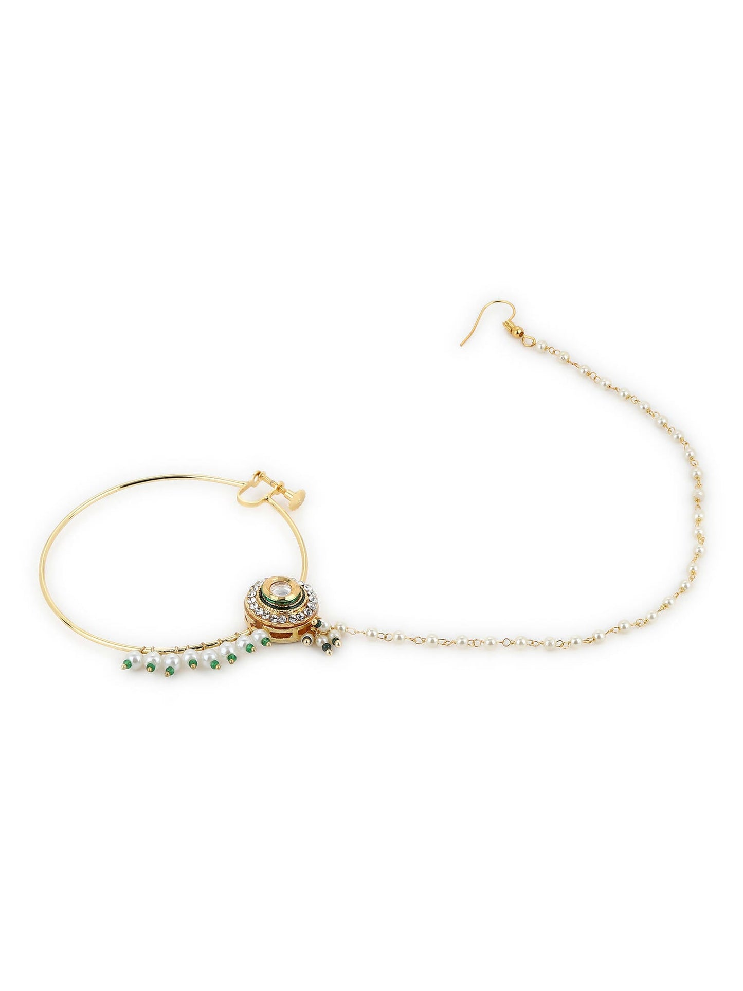 Gold-Polished White Green Kundan-Studded Pearl Beaded Nosepin - Ruby Raang